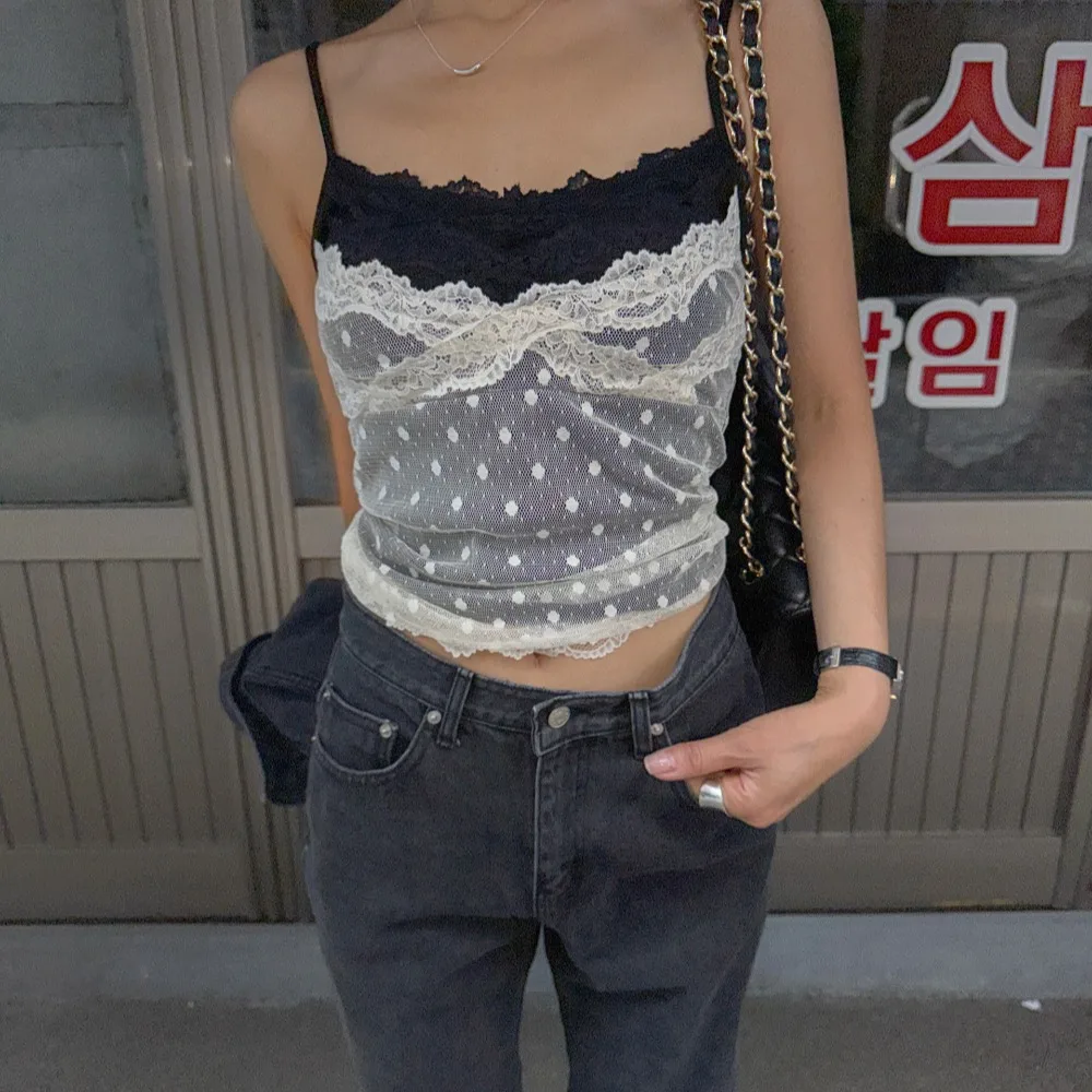 Chic Korean Polka Dot Lace Crop Top Women's Slim Fit Inner Wear Vest T-Shirt Style Polyester Fiber Regular Length