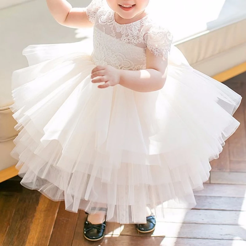 

Flower Girl Dresses Ivory Tulle Puffy Appliques With Bow Short Sleeve For Wedding Birthday Banquet First Communion Gowns