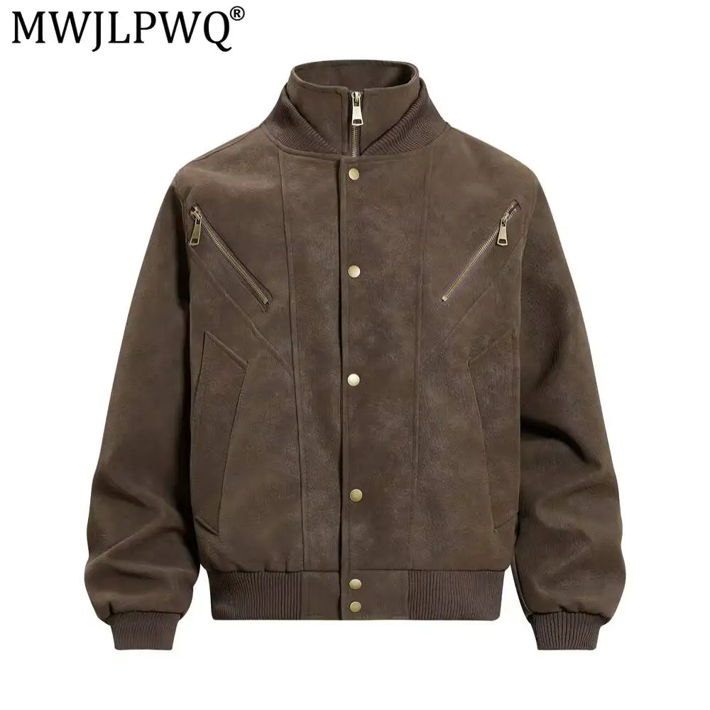 MWJLPWQ Large Pocket PU Leather Baseball Jacket Men Trendy Faux Two-Piece Workwear Double-Layer Zipper Stand-Up Collar Top 20241