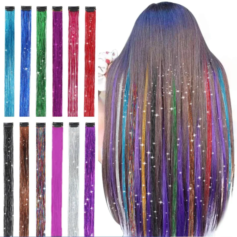 

Sparkle Synthetic Hair Extensions Tinsel Rainbow Colored Strands Girls Headwear Hairbinge Hair Laser False Decor