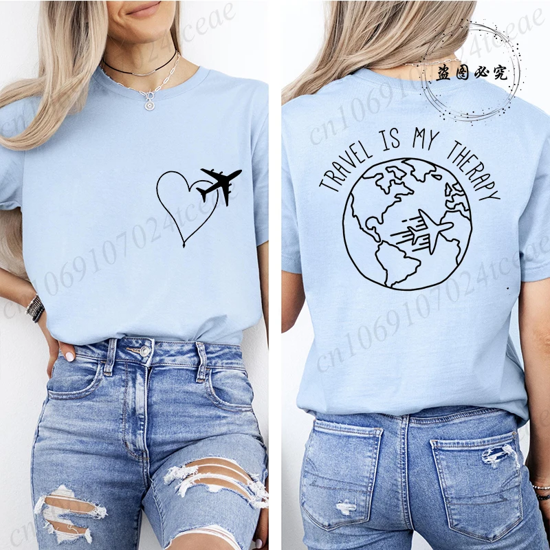 Travel Is My Therapy Printed T-Shirt for Women,travel Graphic Tee Shirts, Summer Short Sleeve Tops,summer Fashion Tee T-Shirts