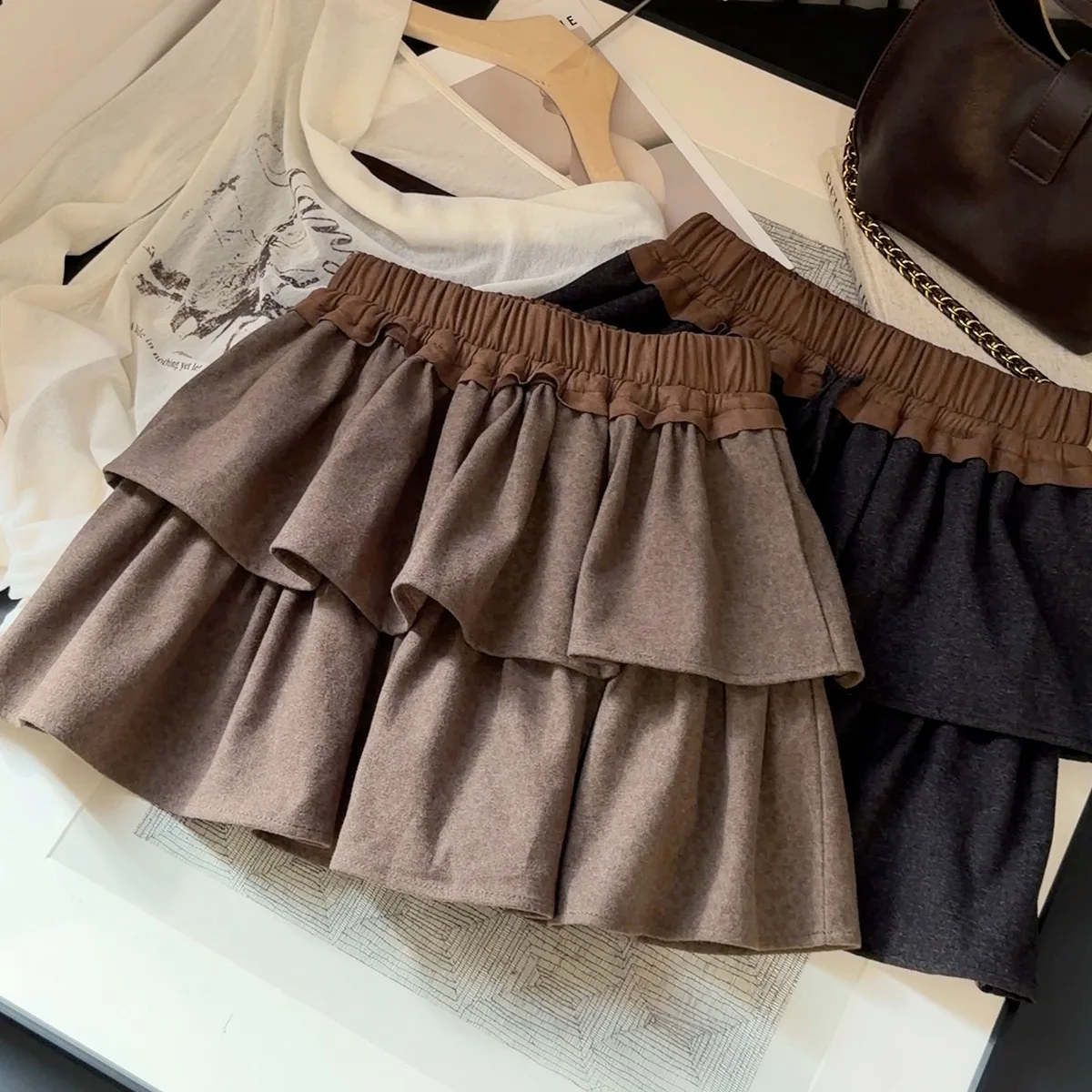 Women Vintage Brushed Midi Skirt Autumn New High Waist A‑Line Ruffle Cake Skirt Fall Y2K Streetwear Brown Midi Skirts Ladies