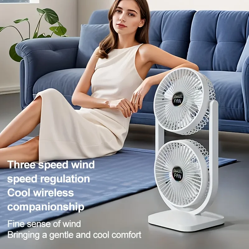 

Double head desktop fan, desktop dual head fan, air circulation fan, dual fan head design, double airflow, three speed wind
