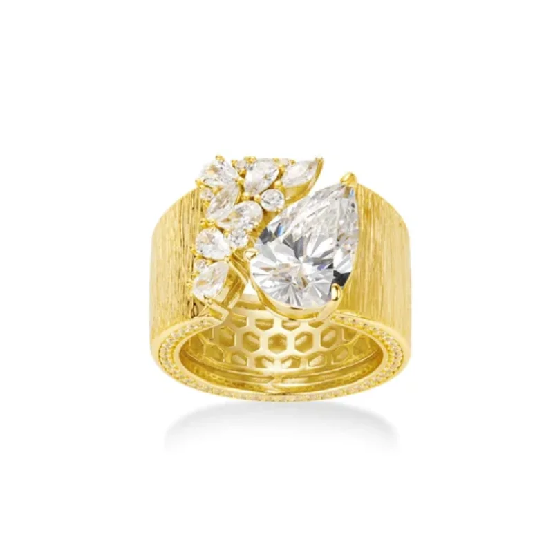 

BELLUX 925 Silver Synthetic Zircon Jewelry Gold Brushed White Water Drop Diamond Luxury Set Wide Edition Ring for Women
