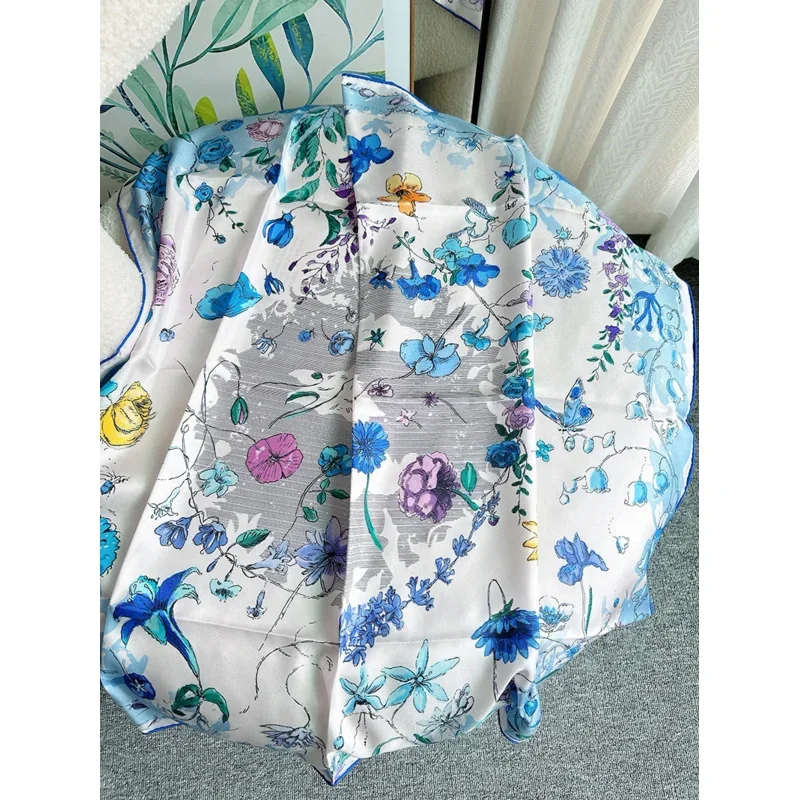 Silk Scarf Flower Women White Woman Neck  For Women Hair Scarves Replica Luxury Brand Women's Bandana 90x90 Double Side