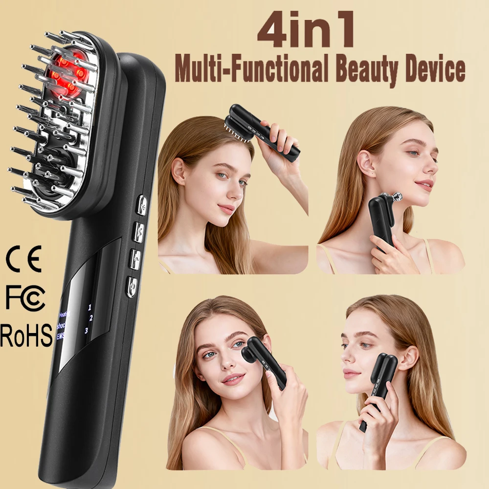 

4-in-1 Multi-Functional Beauty Device Electric Scalp Massage Comb Red Light Therapy Hair Care Comb Skin Lifting EMS Roller