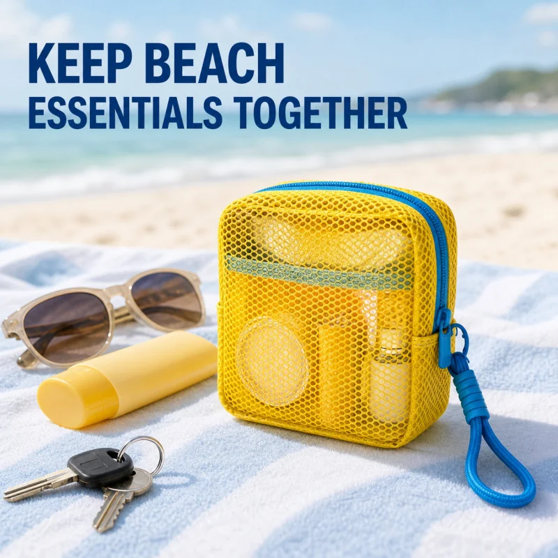 Small Mesh Beach Pouch Clear Cosmetic Bag with Detachable Wrist Strap Travel Organizer for Sunscreen Keys Cables image 2