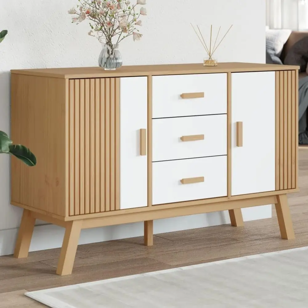 

44.9 White & Brown Pine Sideboard with Storage, Doors & Drawers for Dining, Living, or Coffee Bar