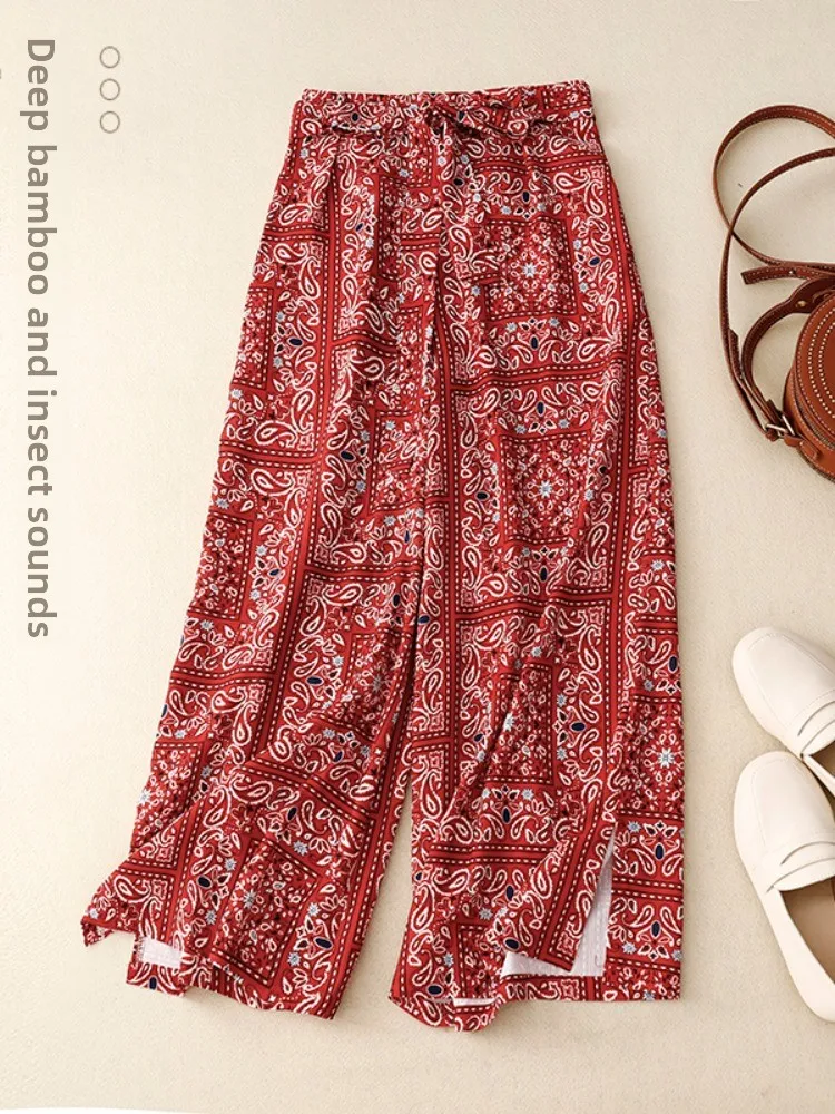 Summer Women's Wide Leg Pants Cotton Linen Drapey Slimming Beach Loose All-Match Slit Straight Thin Ethnic Style Commute