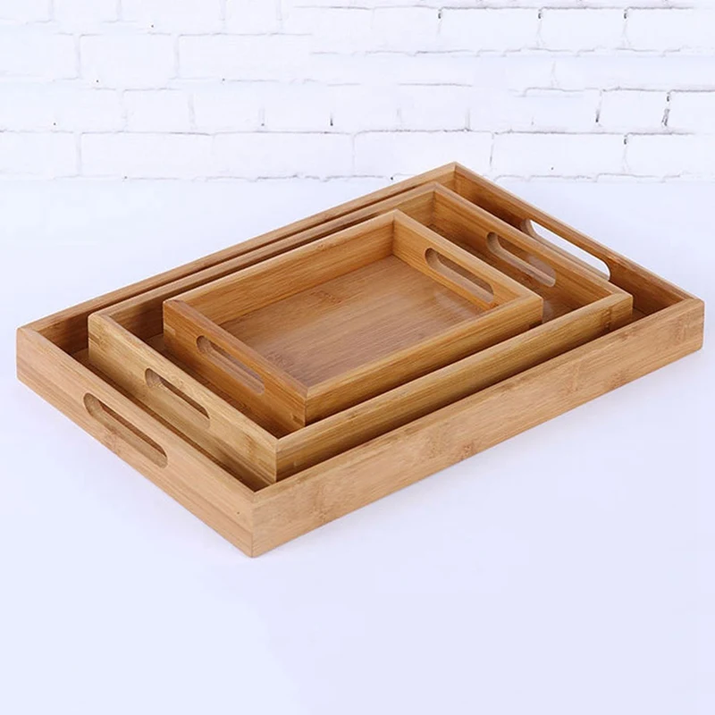 Bamboo Serving Tray With Handles Food Wood Table Trays Large Rectangular Tea Plate Wooden Hotel Dinner Plate