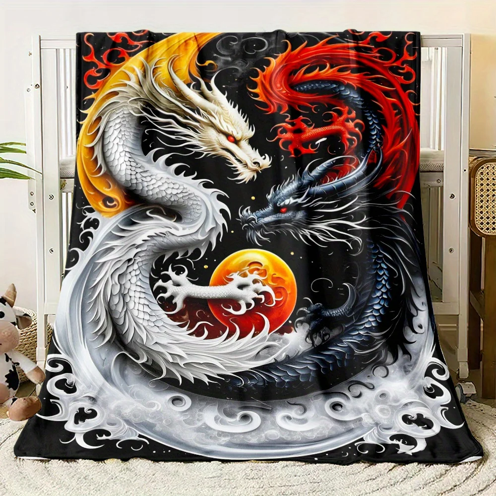 Dragon Yin Yang Throw, Balanced Design Flannel Blanket, Soft Portable for Travel, Zen Inspired Home Decor Gift