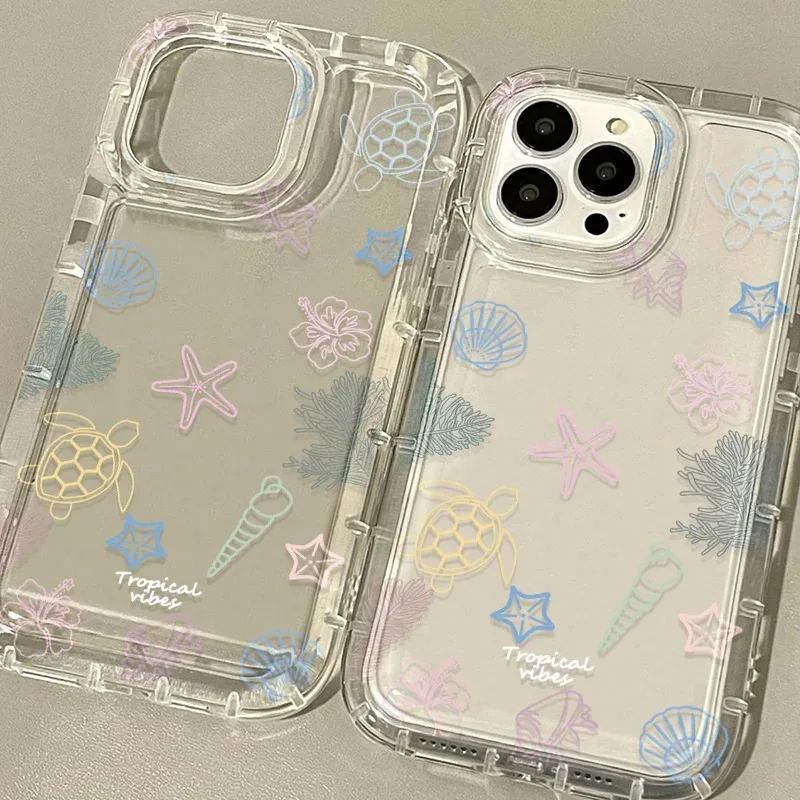

Transparent Soft Case For iPhone 16 11 12 13 16E 14 15 Pro Max 7 8 Plus XR XS MAX SE 2020 Seashell Starfish Turtle Pattern Cover