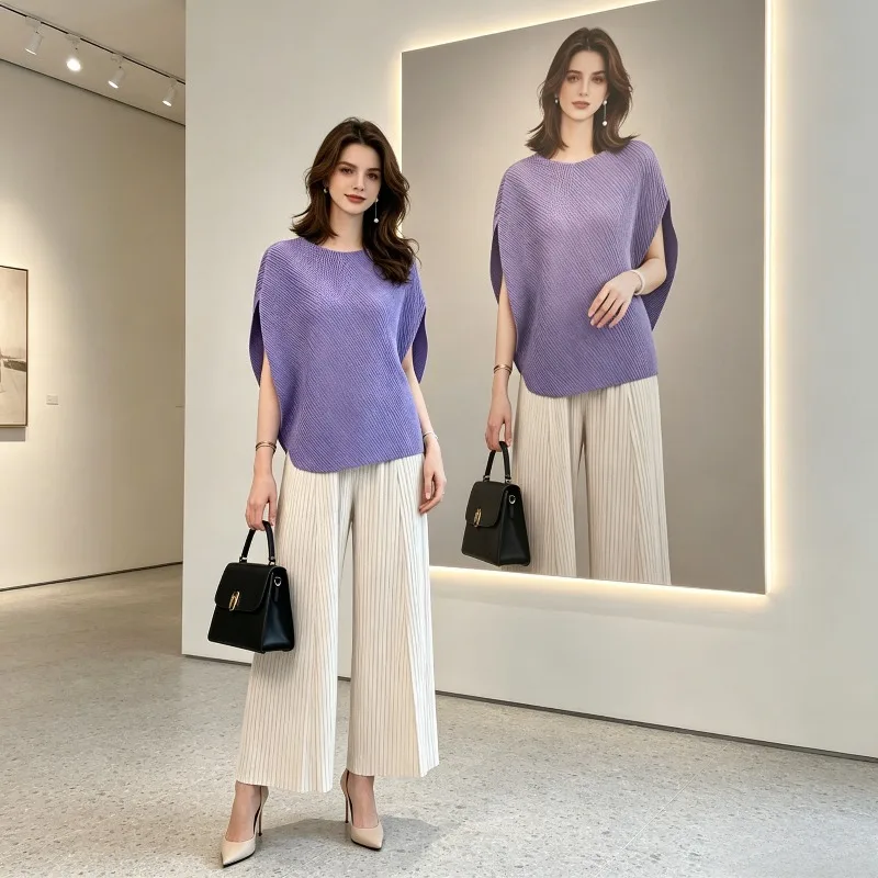 Miyake Pleated Women's Short Sleeve T-Shirt 2026 Summer New High-End Solid Color Round Neck Batwing Sleeve Irregular Fashion Top