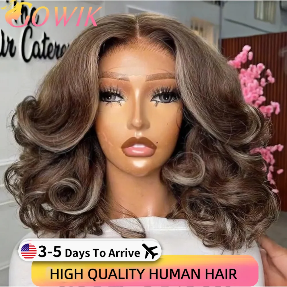 

Цветной парик из натуральных человеческих волос Balayage Mocha Blowout Body Wave, короткий боб 13x6, с частичной кружевной передней частью и кудрявыми концами, распродажа