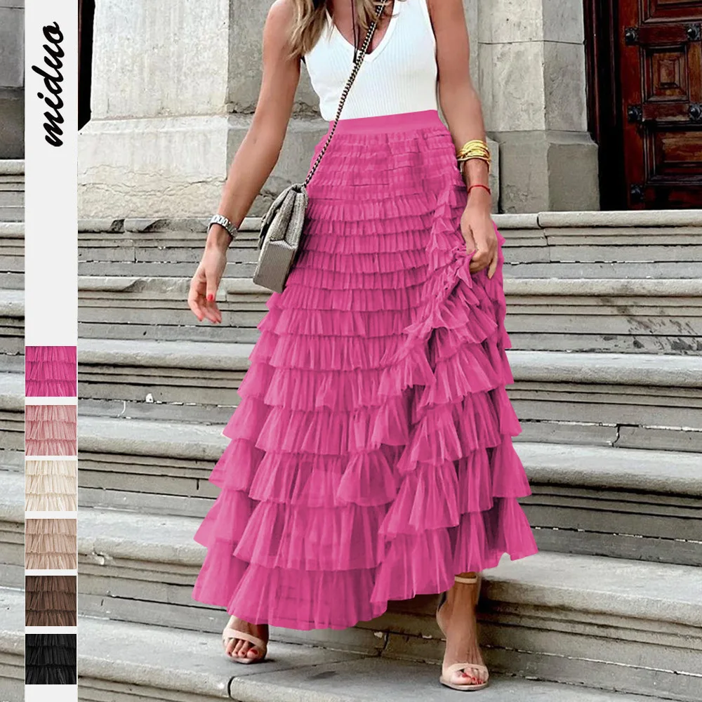 

Chic French High-Waisted Tulle Long Skirt Women Autumn New Temperament Elegant Solid Ruched Cake Skirt Fluffy Ball Gown Skirts