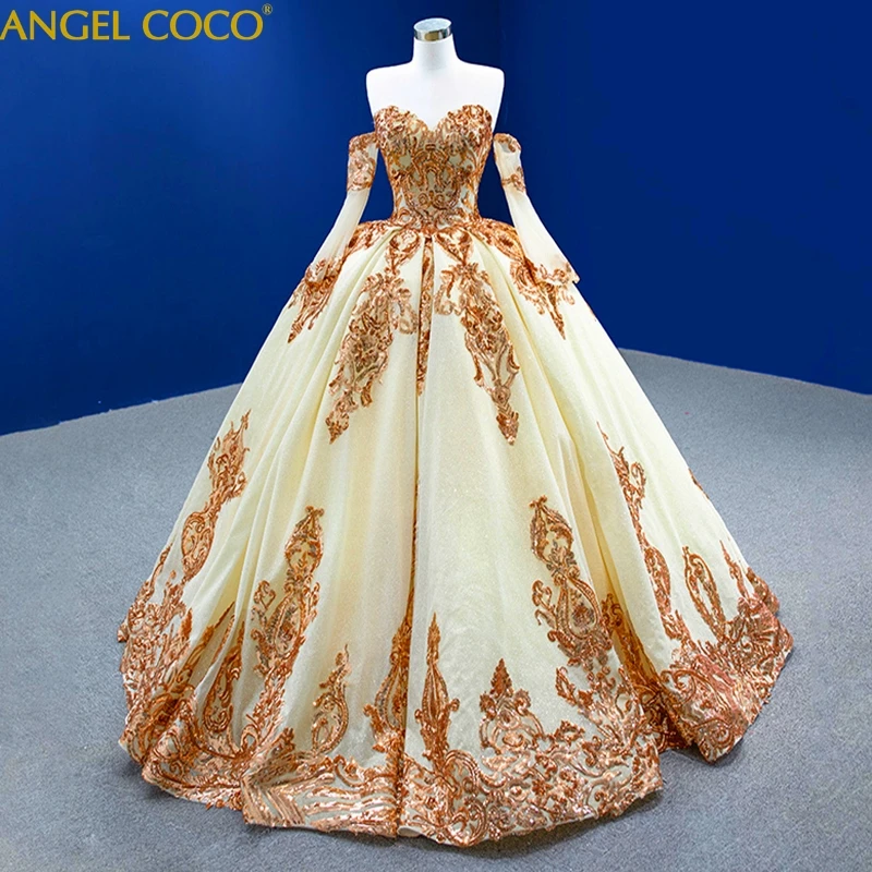 Sexy Strapless Gold Sequins Evening Dress 2023 Fluffy Princess Prom Gowns Formal Saudi Arabia Dubai Celebrity maternity custom