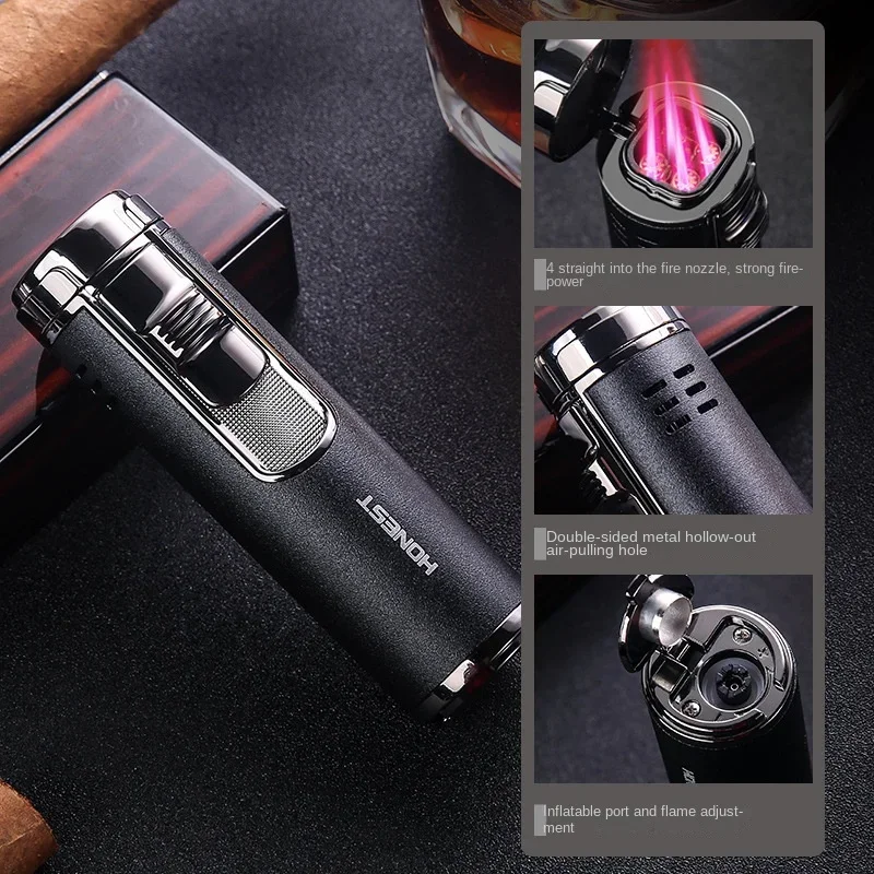 HONEST Luxury Metal Windproof Pocket Cigar Lighter Jet Flame Torch Lighters for Cigar with Punch Drill Cigar Cutter Accessories