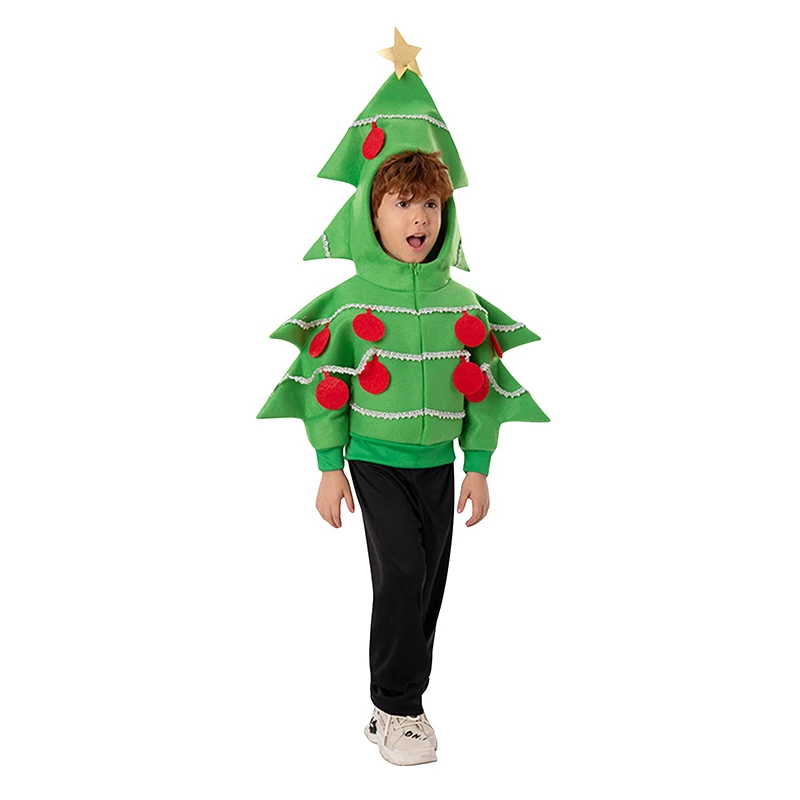 Kids Boys Girls Christmas Tree Costume Long Sleeve Hood Coat Holiday Apparel Accessories Cosplay Outfit