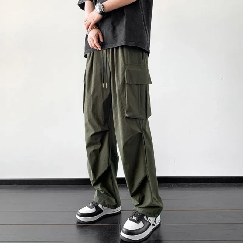 Prowow Streetwear Spring Harem Casual Pants Men Elastic Waist Solid Color Cargo Pants Multi Pocket Loose Baggy Pants For Women