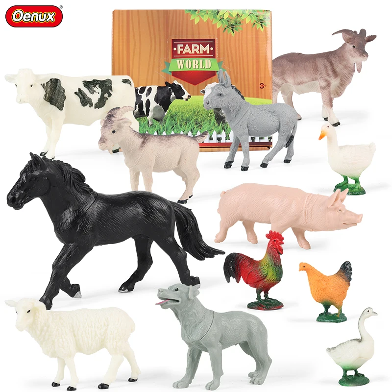 

Oenux New 12PCS/Display Box Animals Set Farm Hen Cow Wild Panda Tiger Model Action Figures Cute Kid Edcuation Figurines Toy Gift