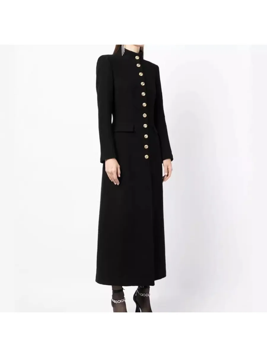 TWOTWINSTYLE Solid Spliced Button Slimming Wool for Women Turtleneck Long Sleeve Temperament Elegant Long Coat Female