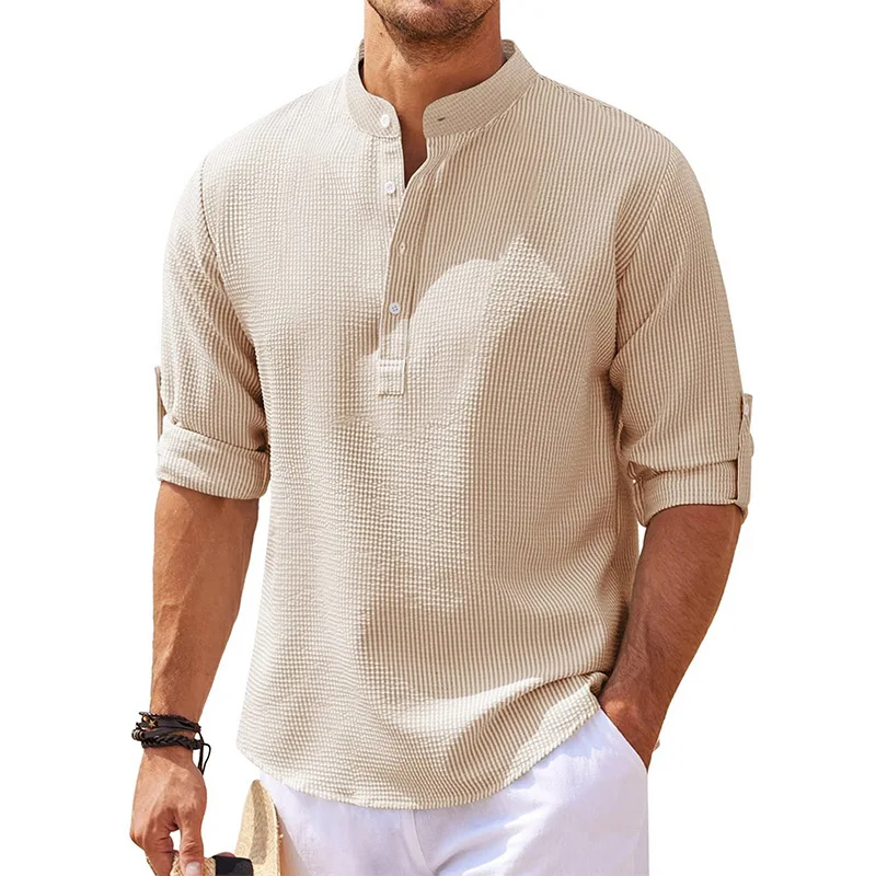 

Mens Henley Shirts Long Sleeve Fashion Casual Waffle Band Collar T-Shirt