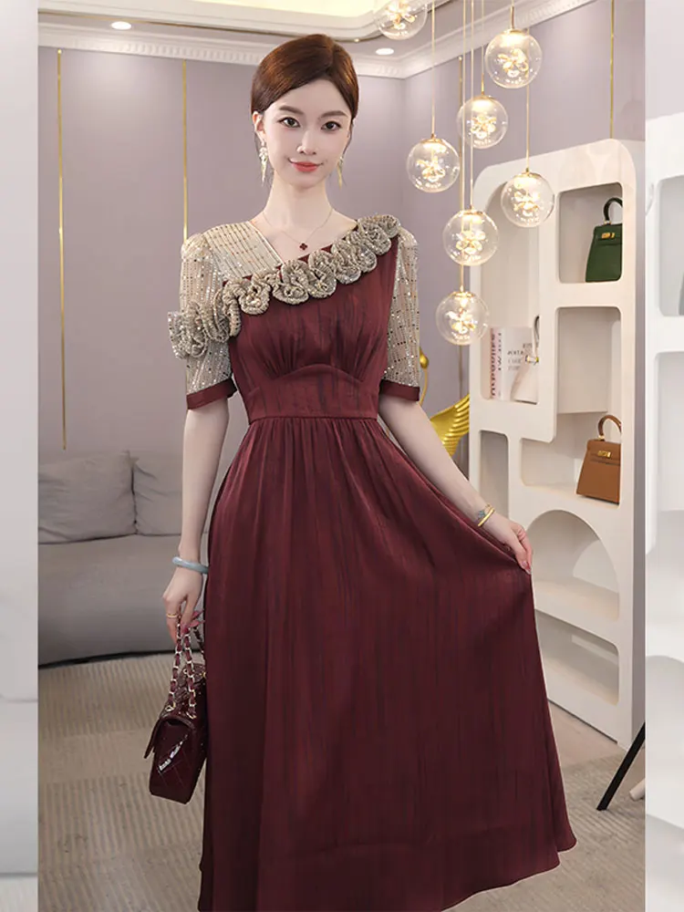 

Unique Beautiful Red Sequin V-Ne Dr Summer 2025 Faionable Retro Sle Women's Dr Polyester Fiber Long Sve Other