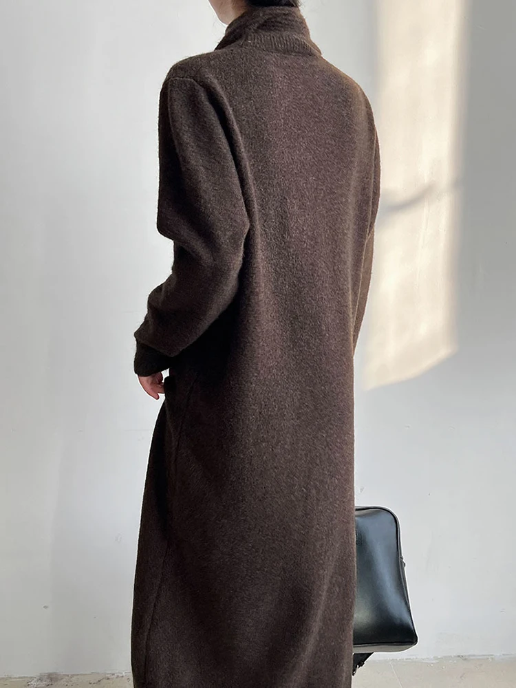 [EAM] Women Coffee Knitting Big Size Elegant Sweater Dress New Round Neck Long Sleeve Fashion Tide Spring Autumn 2024 1DH8132