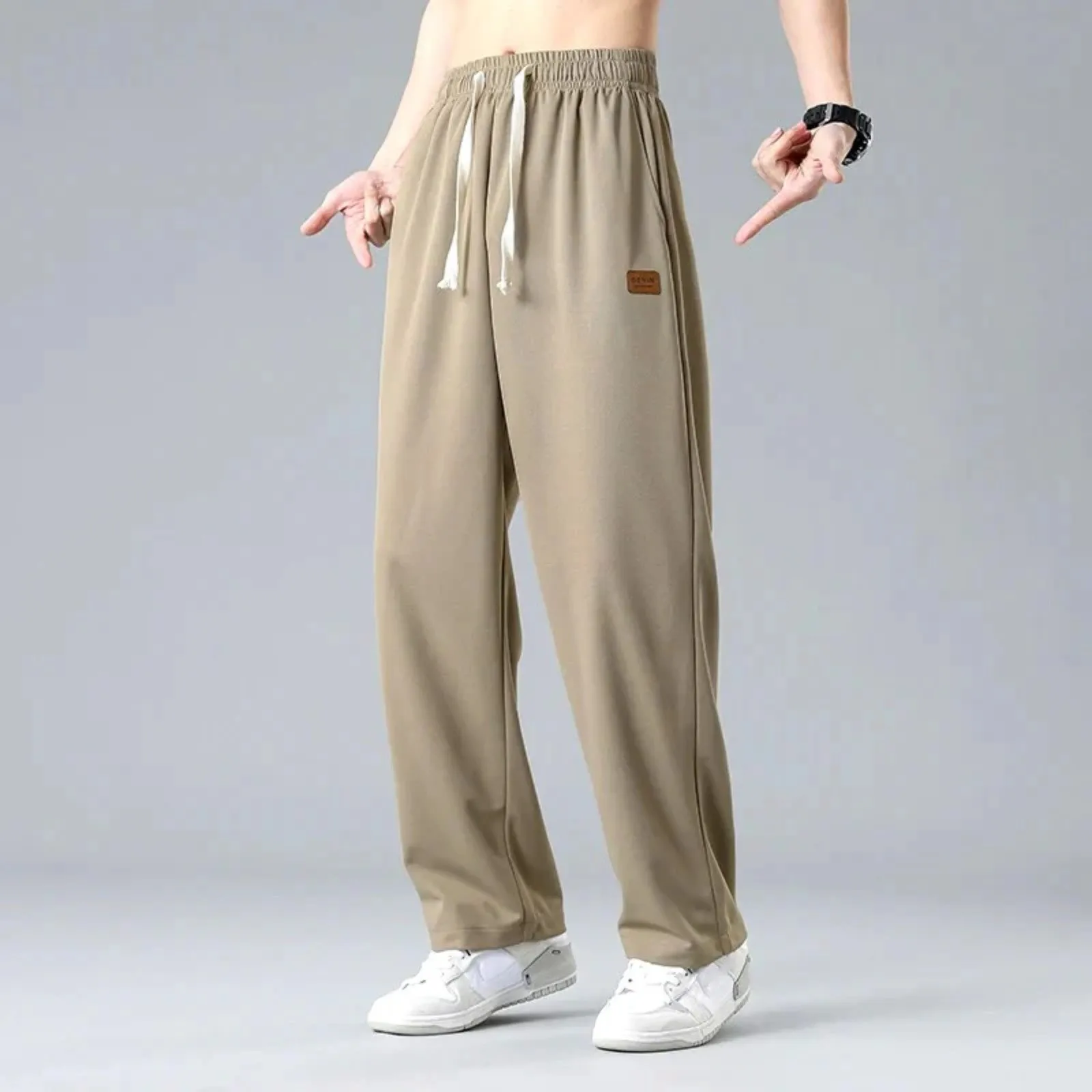 Lente Zomer Heren Oversized Casual Broek Effen Losse Sport Wijde Pijpen Ijs Zijden Broek Mode Nieuwe Mannelijke Trekkoord Elastische Taille