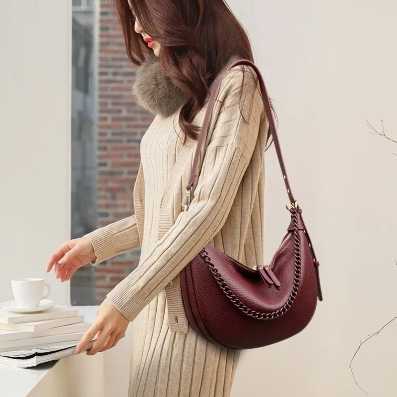 

Новые модные женские сумки-хобо через плечо, вместительные, с цепочкой, из искусственной кожи, повседневные, бордовые