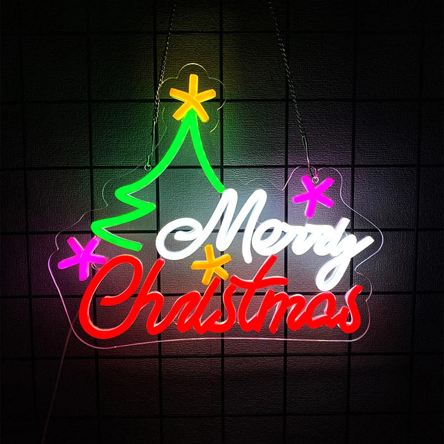 Merry Christmas Neon Sign for Wall Decor, Christmas Tree Neon Signs Vibrant LED Neon Light up Sign for Party Decor USB Powered