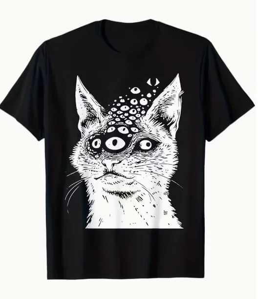 Unisex Psychedelic Horror Gothic Bizarre Cat Pattern T-shirt Black and White Gothic Cat Eye Design Gothic Trash Rock T-shirt