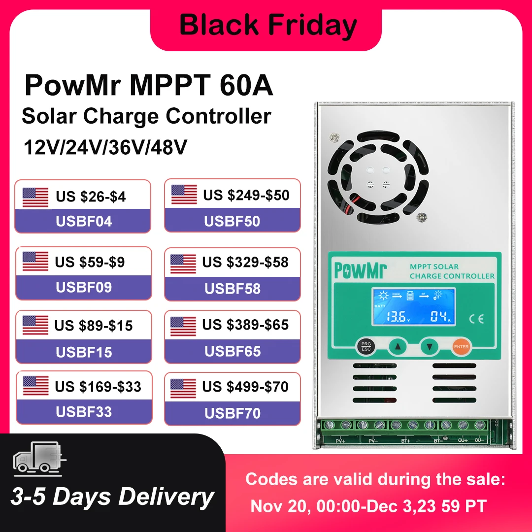 

Контроллер заряда солнечной батареи PowMr 60A MPPT, подсветка 12В 24В 36В 48В, регулятор свинцово-кислотной литиевой батареи, вход солнечной панели макс. 160 в