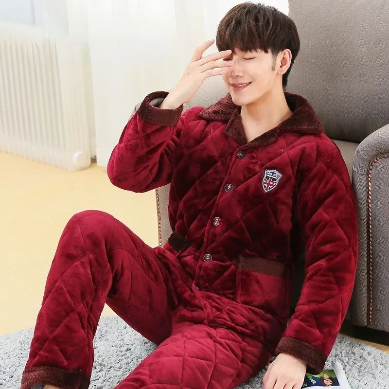 

2024 New Pajama Men Winter Quilted Loungewear Plus Thick Velvet Sleepwear Three Ply Cotton Flannel Nightwear Warm Homewear Suit