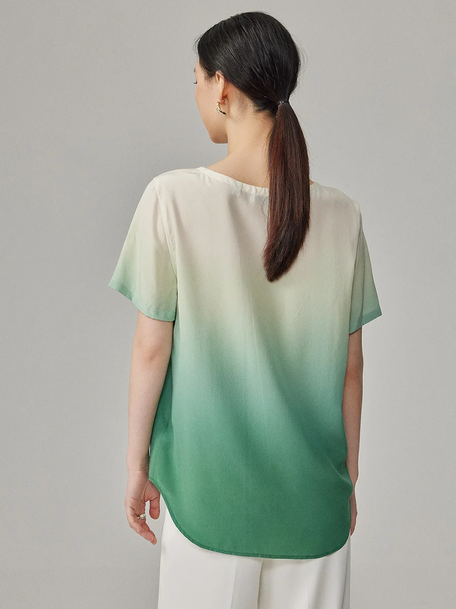 BirdTree, 100%Real Silk Elegant T-Shirt, Women Short Sleeve Gradient, Versatile OL Fashion Tops, 2024 Summer New Tee T45662QM