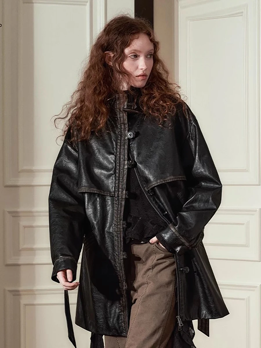 

Lautaro Autumn Cool Waterproof Distressed Black Pu Leather Jacket Women Stand Collar High Quality American Retro Clothing 2025