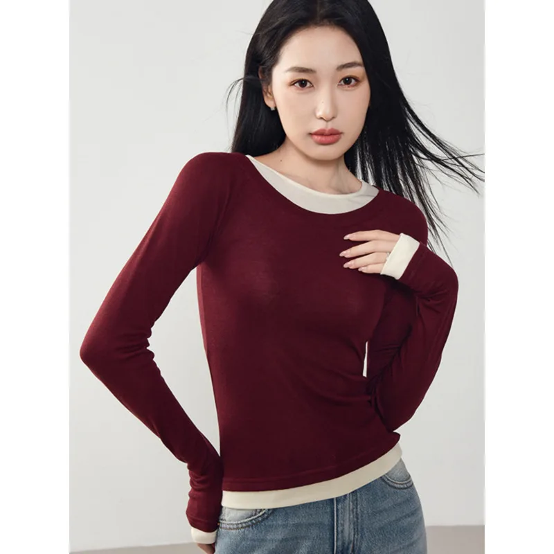 

Autumn Fake Two Piece Wool Blend T-shirt Women Round Neck Long Sleeve Knitted Inner Tops