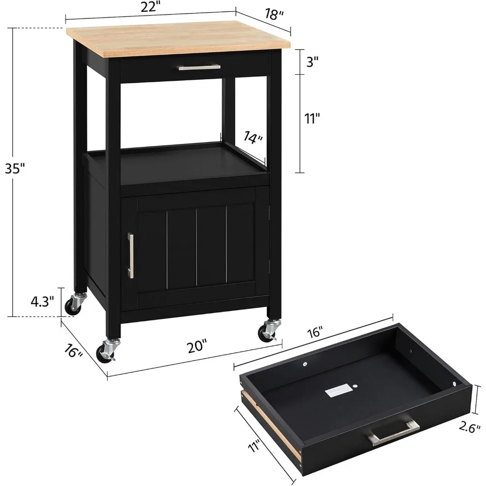 Small Kitchen Island on Wheels with Wood Top and Drawer, Trolley Cart with Open Shelf and Storage Cabinet for Dining Room, image 4
