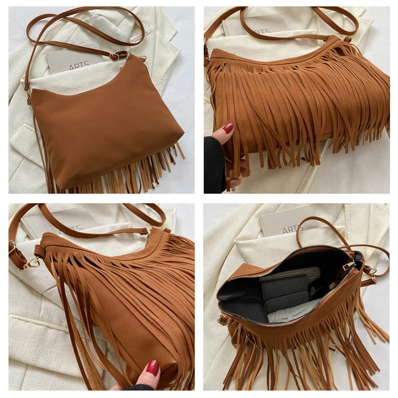 Vintage Tassels Crossbody Bags For Women, Large Capacity Casual Fringes Shoulder Bag For Outdoor Travel, Ladies Handbags