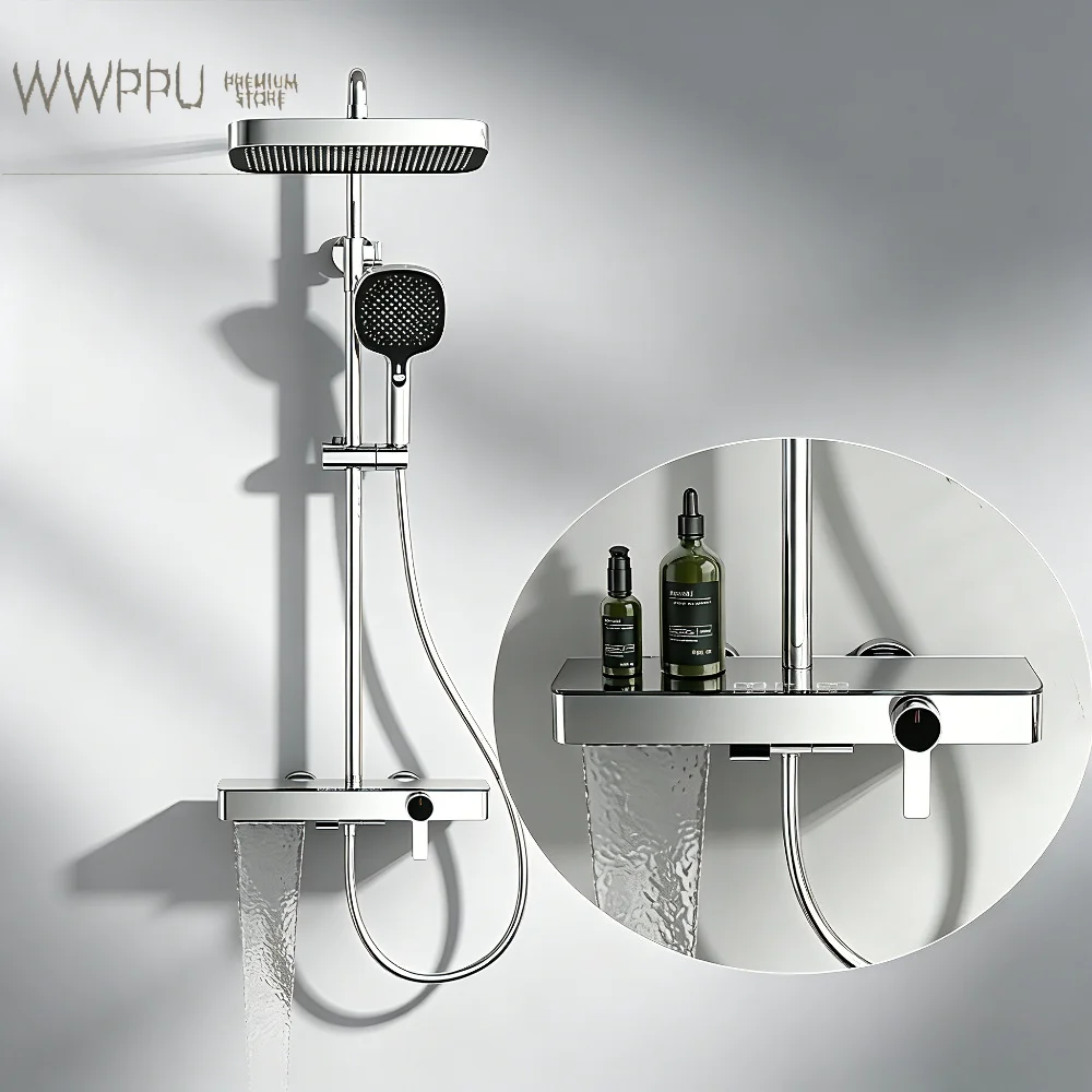 WWPPU Rainlfall Pressurized Shower Set Three Functions Wall Mounted Bathroom Shower Faucet Set Brass Shower System Set Piano Key