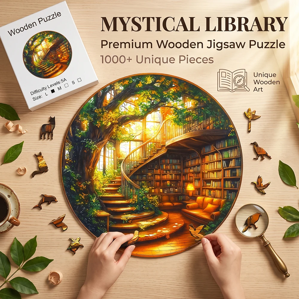 Round Enchanted Tree‑House Library Wooden Jigsaw Puzzle, Irregular Unique Animal‑Shaped Pieces, Adult DIY Stress‑Relief Wood Puzzle Game, Fantasy Forest Art Puzzle, Home Wall Decor, Ideal Birthday Holiday Gift for Puzzle Lovers