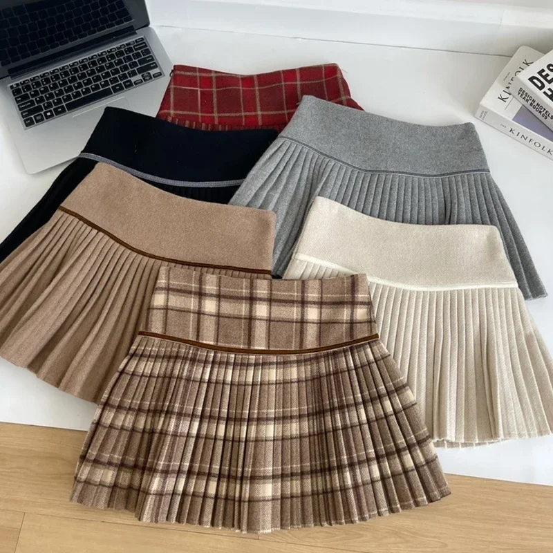 

Plaid Pleated Mini Skirt Thick Wool Short Skirt High Waist Box-pleat Miniskirt for Women Teen-girl Preppy Style Outfit