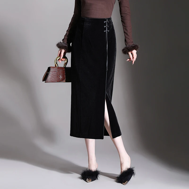 

Шикарная золотистая бархатная длинная юбка-труба с высокой талией, осенне-зимняя, драпированная, с разрезом, миди, прямого кроя, женская юбка-карандаш