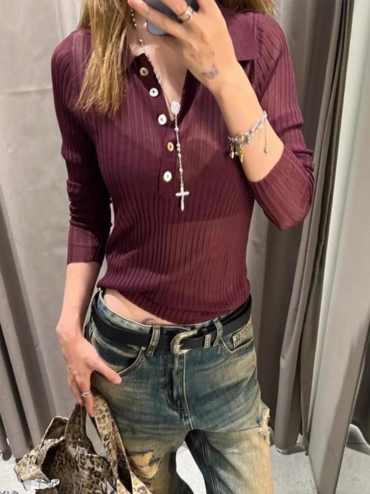 

Spring Autumn New Arrival Women's Slim Fit Long Sve Ne Knitted Top Casual Sle Thin Polyester Fiber Korean Faion