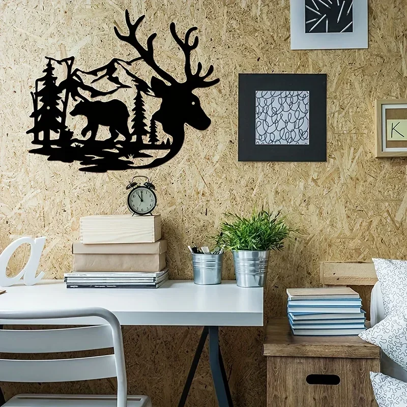 Wild Animal Wall Hanging Decor Deer Bear in The Forest Pine Tree Metal Hanging Sign Wall Art Living Room Office Home Decoration