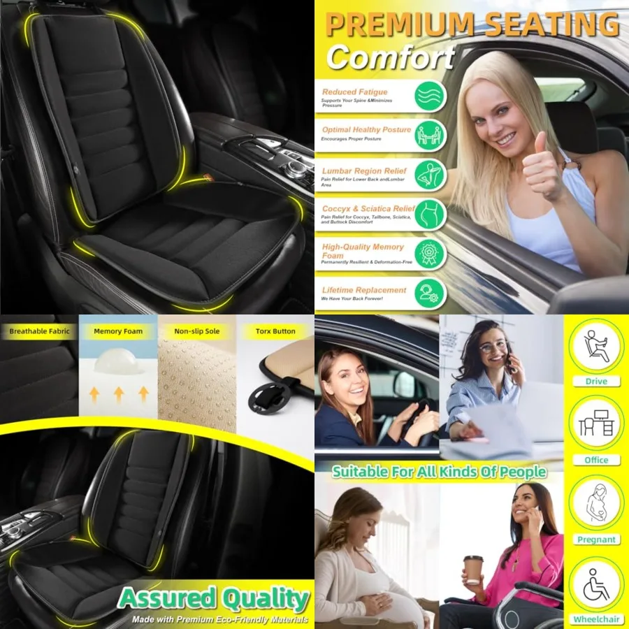 

Car Seat Cushion with Back Support Pillow: Enhanced Comfort Memory Foam Design for Pain Relief, Ideal for Drivers and Office Use - Ergonomic Lumbar Comfort for Long Sitting - Black