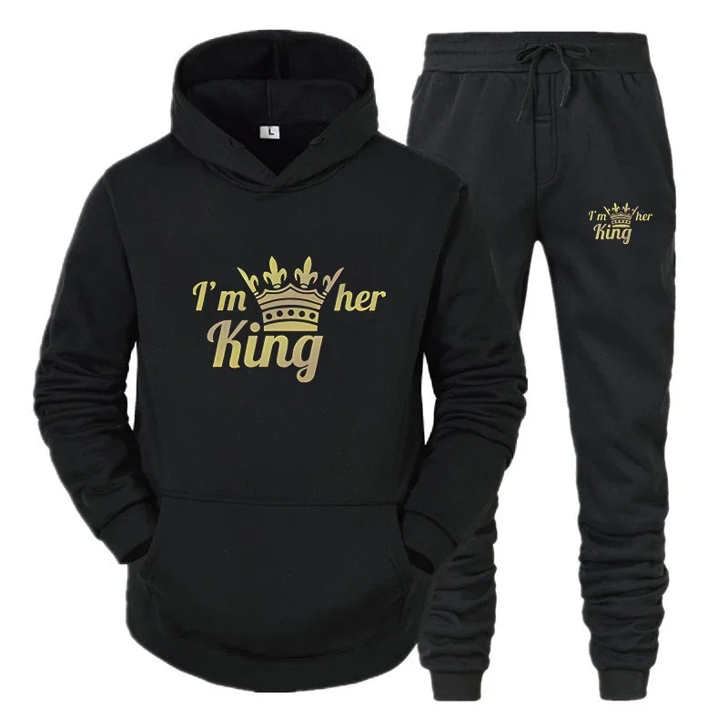 

Crown KING QUEEN Print Men/Women Tracksuit Sets Casual Hoodie And Pants 2pcs Sets Oversized Pullover Lover Couples Sportwear Set