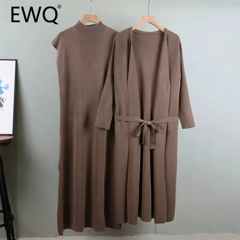 EWQ Casual Loose Solid 2 Piece Set For Women Autumn Stand Collar Sleeveless Dress＋Long Sleeved Belt Design Coat 2024 New 27X892