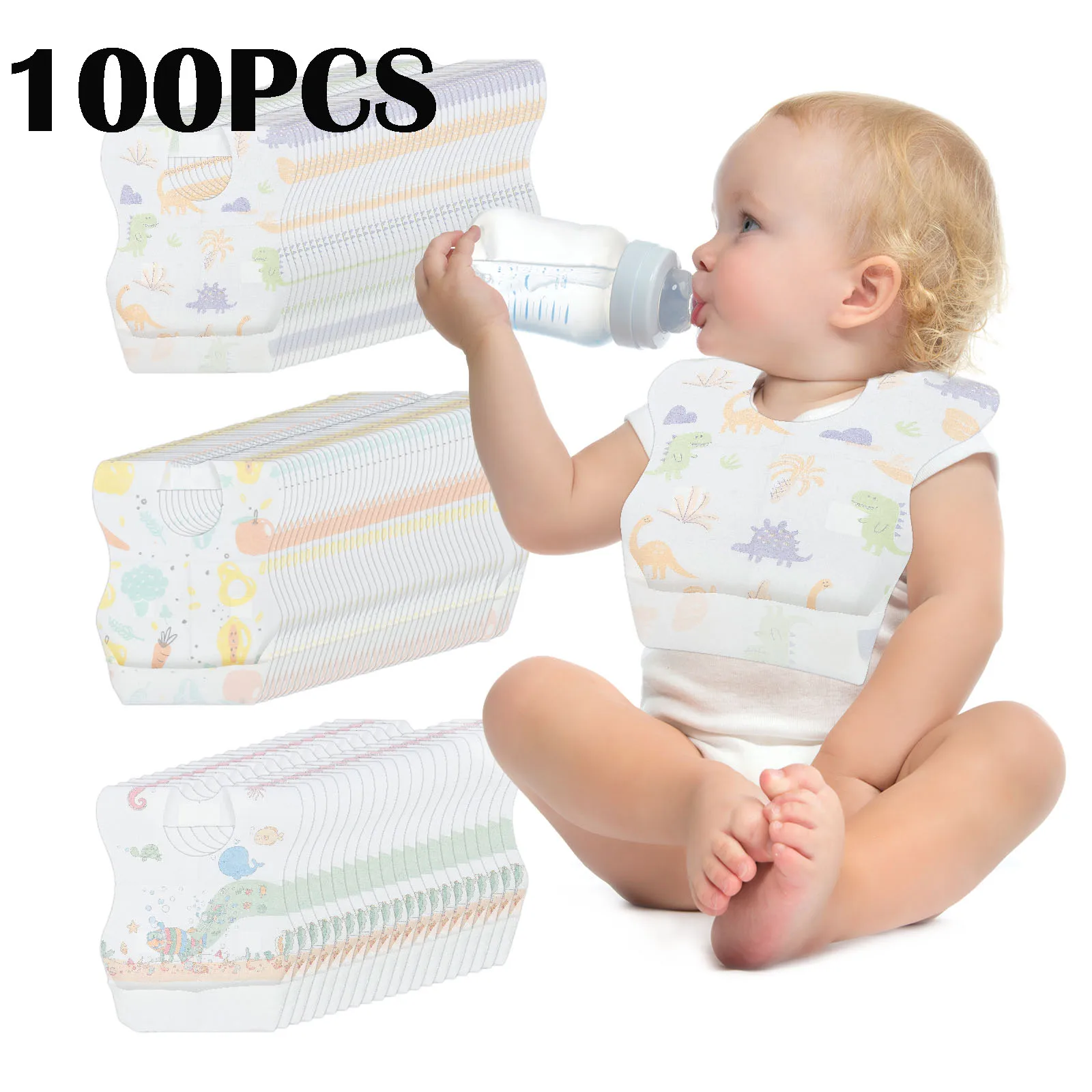 

100 Pcs Adjustable Baby Bib for Girl Boy Comfortable Nonwoven Toddler Bib with Food Catcher for Home Use Traveling Outdoor