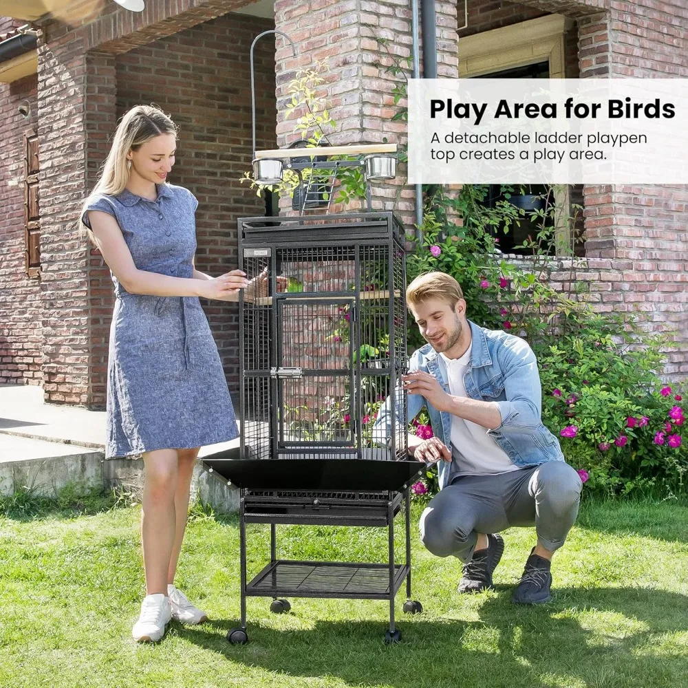 Birdcage, 72 Inch Forged Iron Large Birdcage with Game Top and Parrot Stand, Black Product Dimensions 26